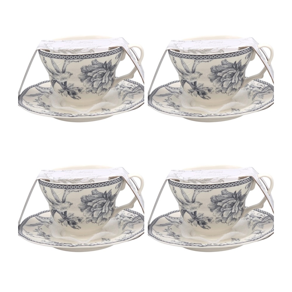 222 FIFTH Adelaide Grey Toile Floral Birds Coffee Tea Cup & Saucer Set of 4